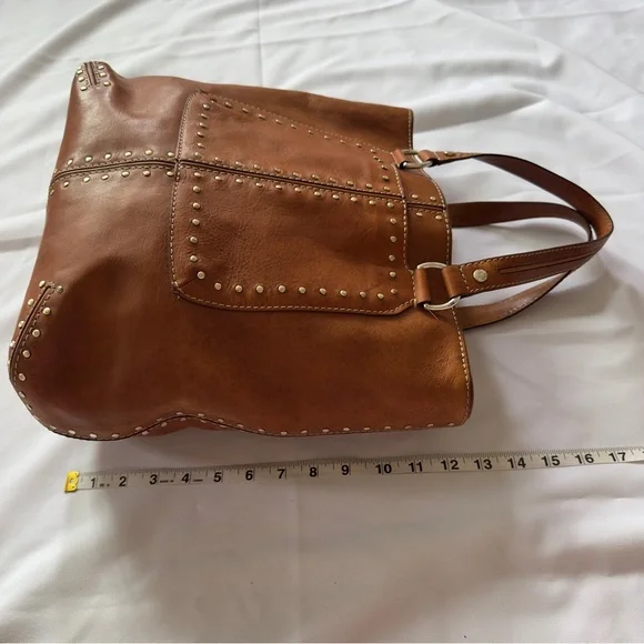 MICHAEL KORS Cognac Brown Gold Studded Leather Shoulder Tote Bag - Picture 9 of 16